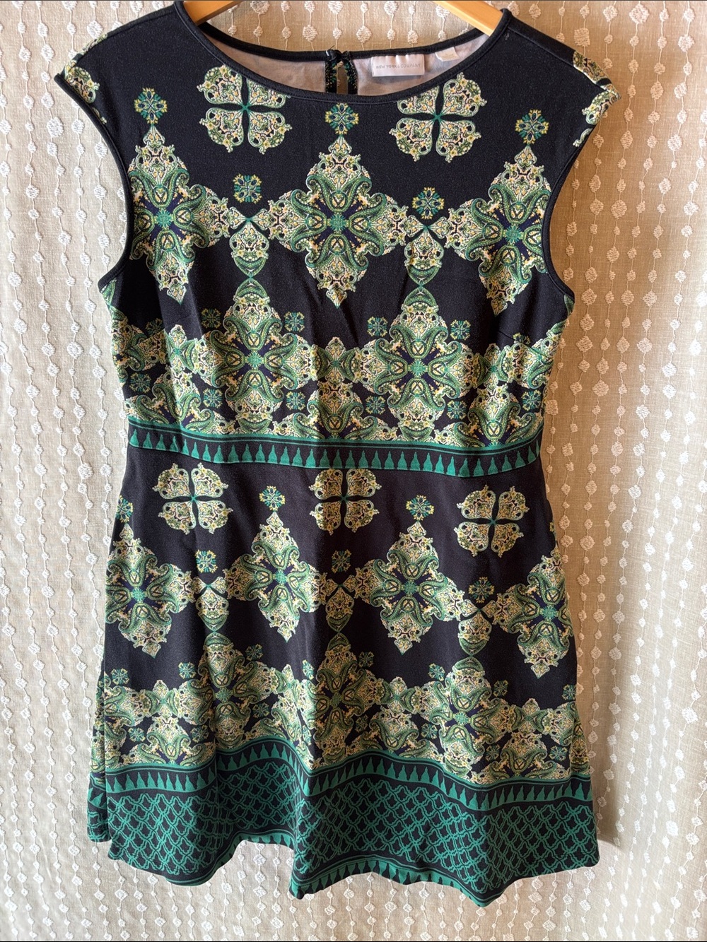 New York & Company Black Mini Dress with Green Border Print